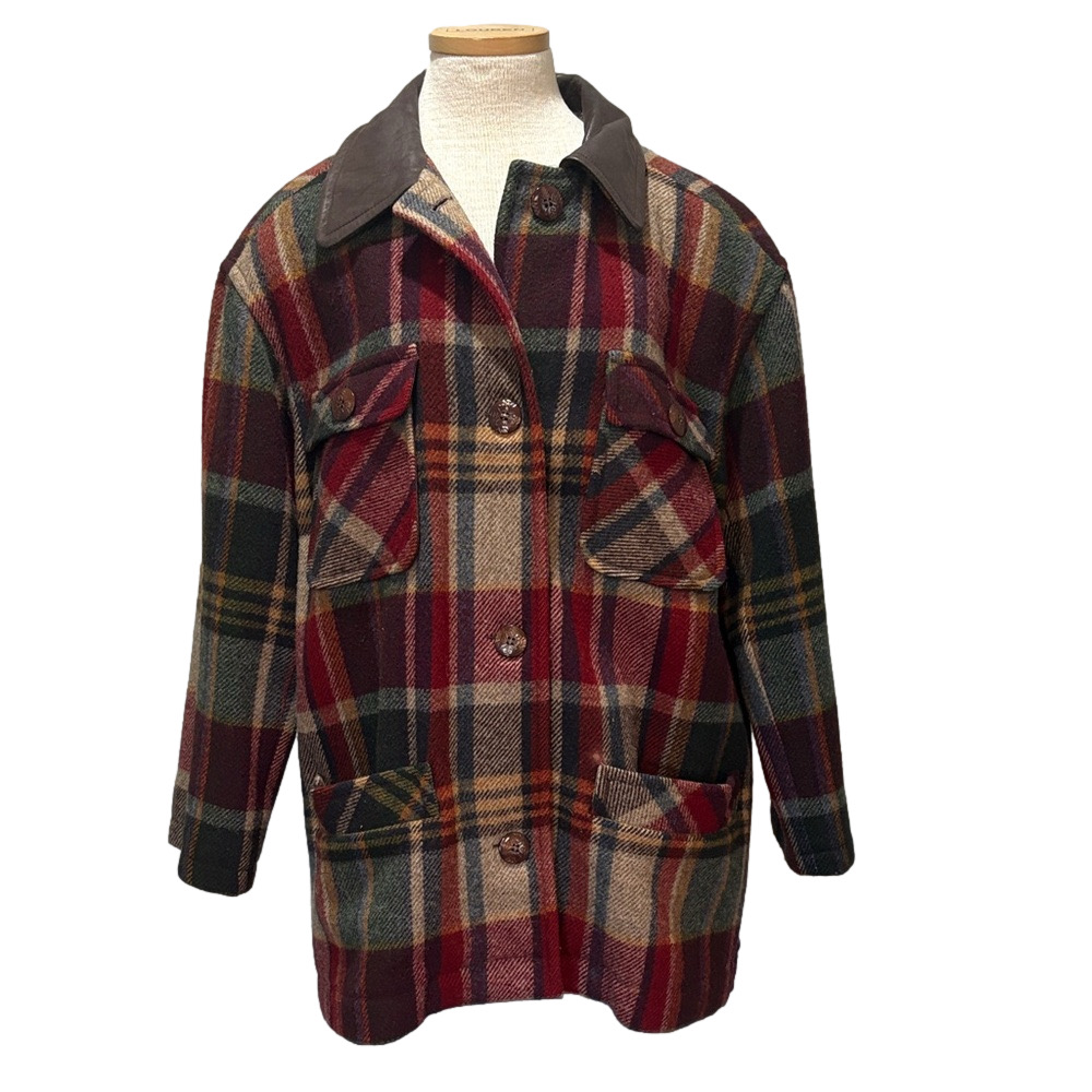 Vintage Preston & York sz L wool plaid coat with leather trim